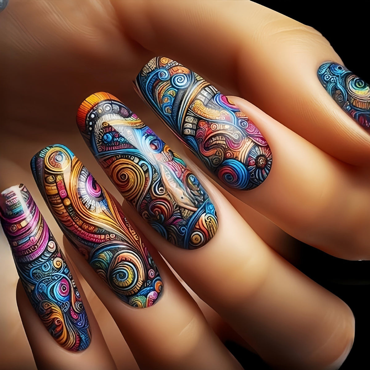 Artificial nails with glamorous glitter design and high gloss finish Acalora