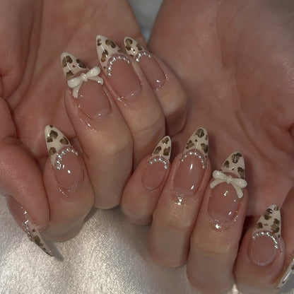 Artistic Press-On Nail Set with Bow and Animal Print Acalora