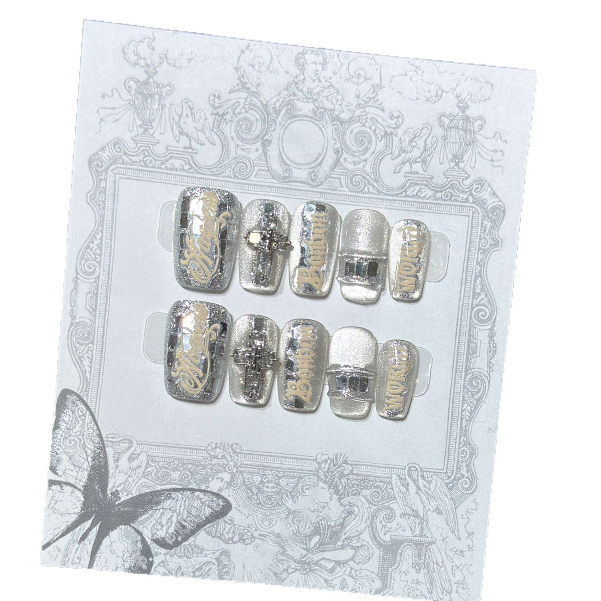 Metallic Press-On Nail Set with Decorative Silver Accents Acalora