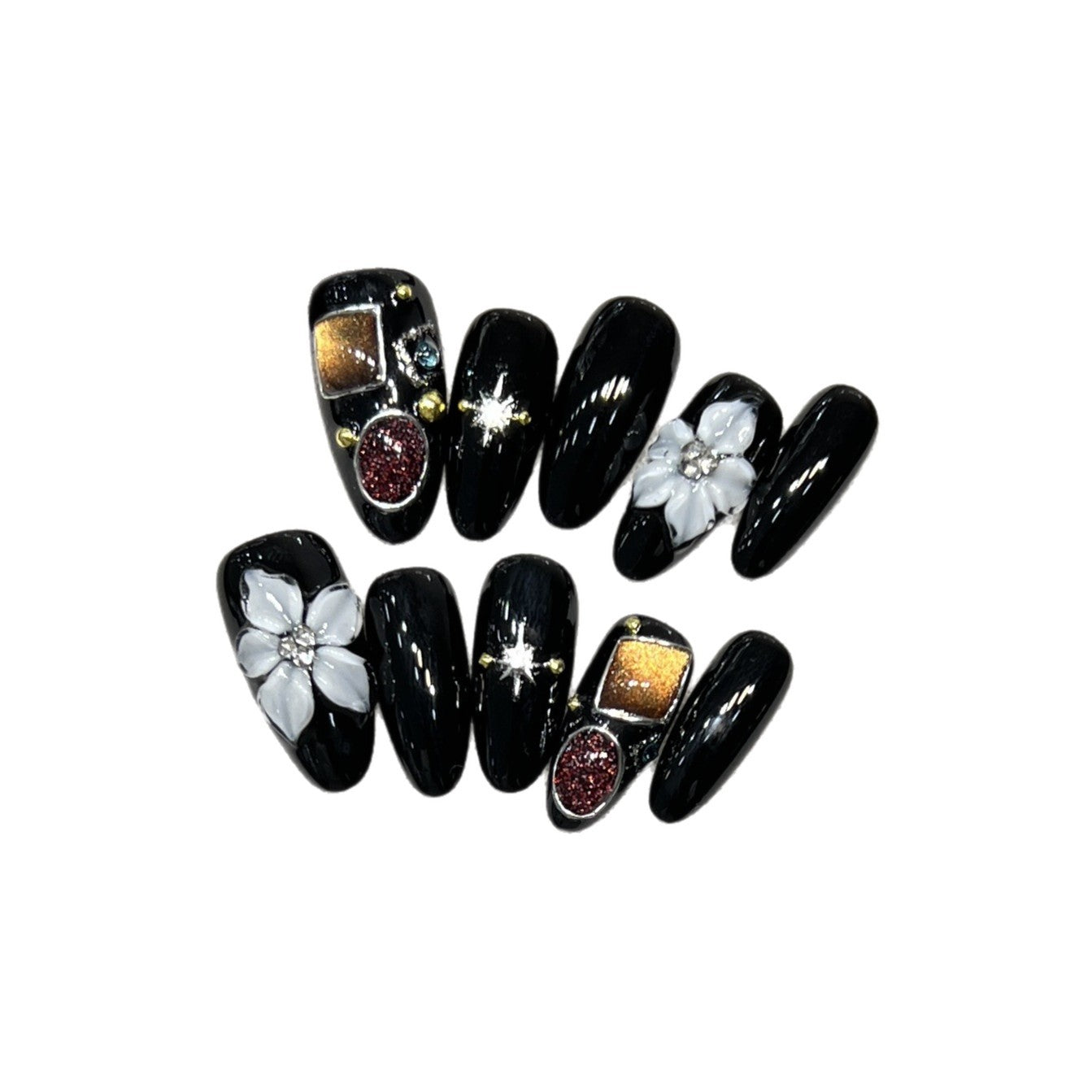 Decorative Press-On Nail Art Set with Floral and Crystal Accents Acalora