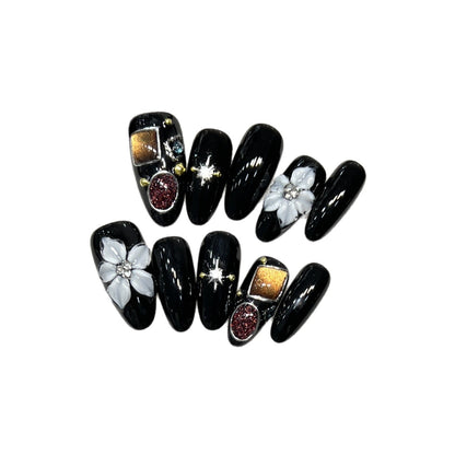 Decorative Press-On Nail Art Set with Floral and Crystal Accents Acalora