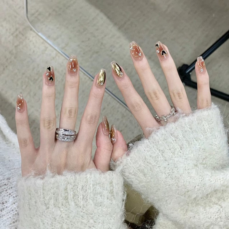 Artistic Press-On Nail Set with Heart and Glitter Accents Acalora