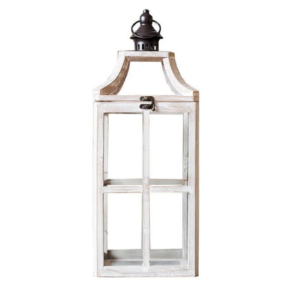 Rustic Windowpane Glass and Wood Candle Lantern with Hinged Door Acalora