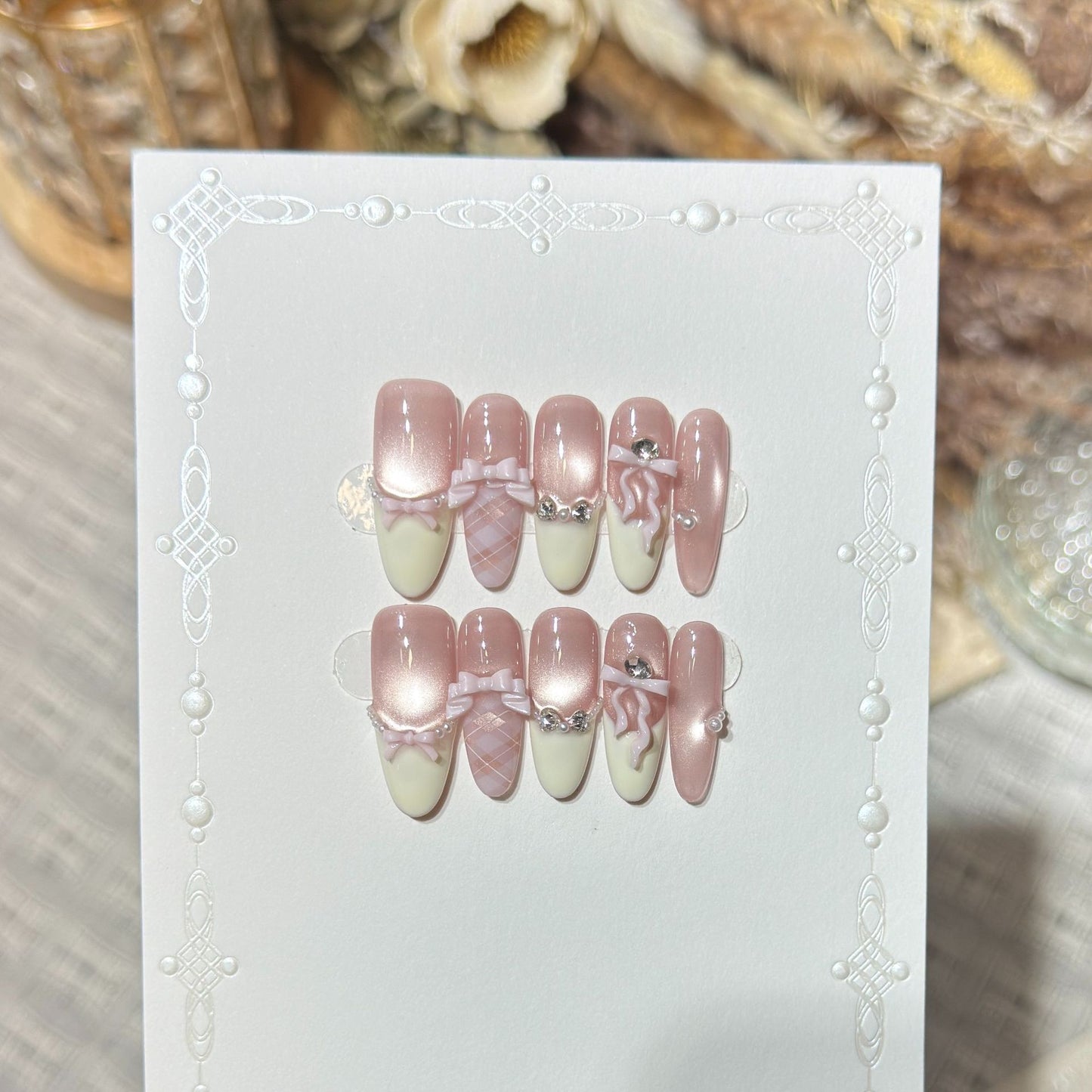 Elegant Stiletto Press-On Nail Set with Decorative Bow and Gem Accents Acalora