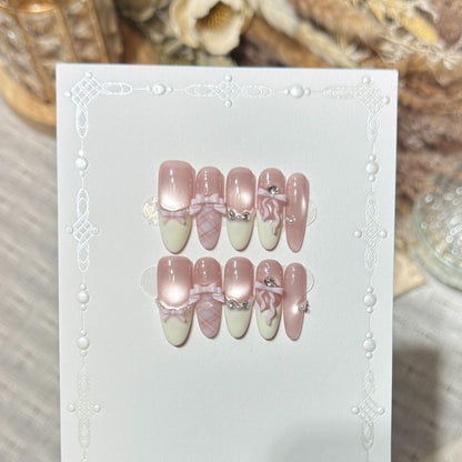 Elegant Stiletto Press-On Nail Set with Decorative Bow and Gem Accents Acalora