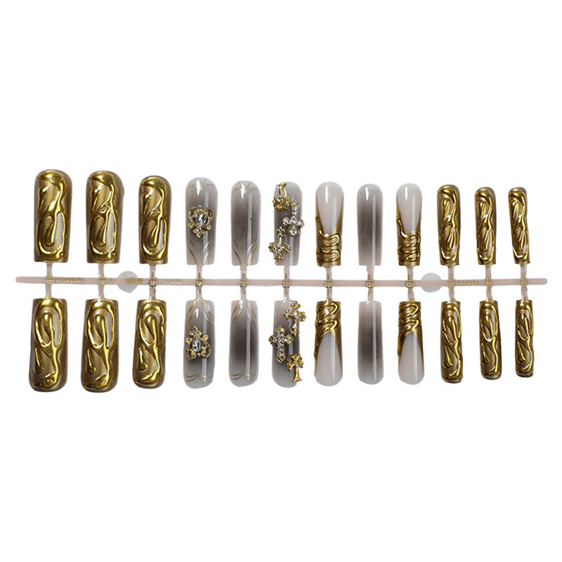 Decorative Press-On Nail Set with Gold Accents Acalora
