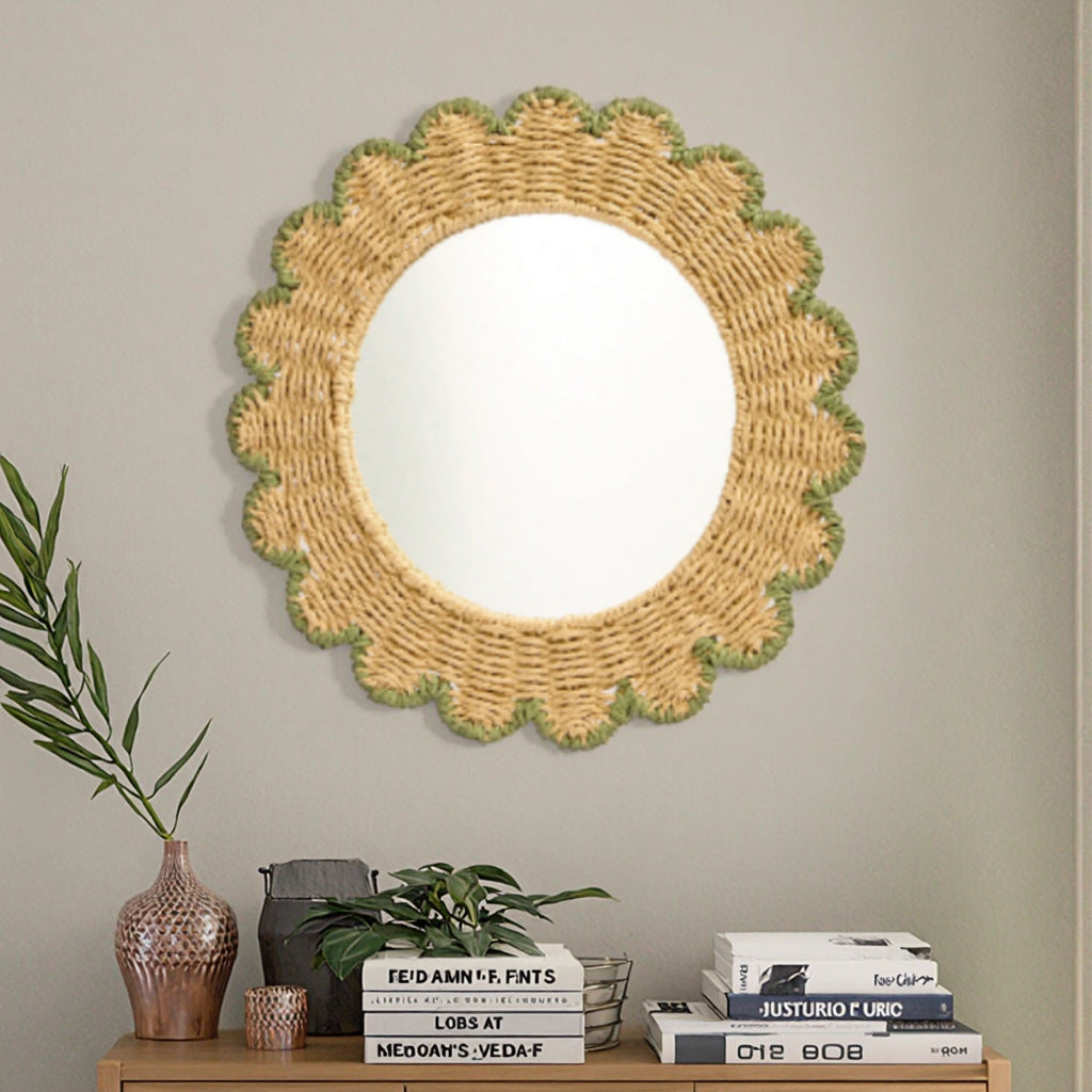 Decorative Round Wall Mirror with Natural Rattan Frame Acalora