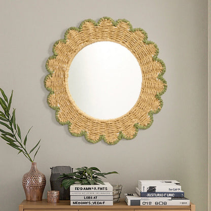 Decorative Round Wall Mirror with Natural Rattan Frame Acalora
