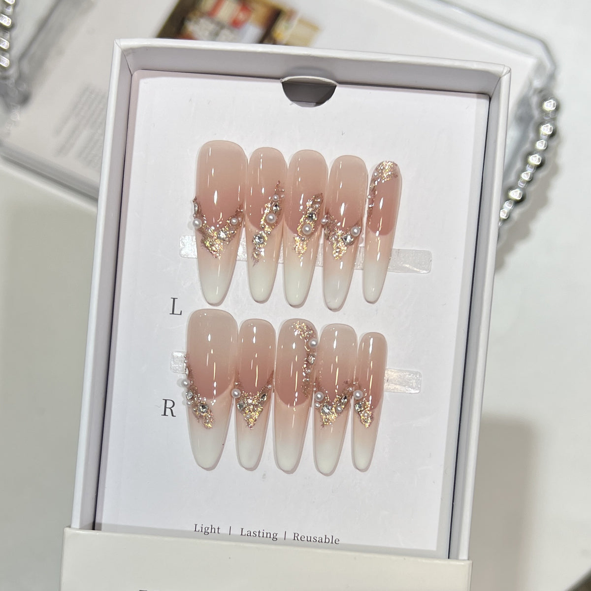 Elegant Stiletto Press-On Nail Art Set with Crystal and Pearl Accents Acalora