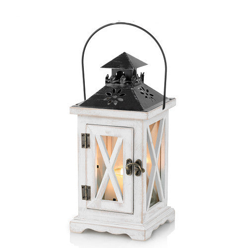 Rustic Distressed Wood Glass-Paneled Decorative Candle Lantern with Metal Top and Carry Handle Acalora