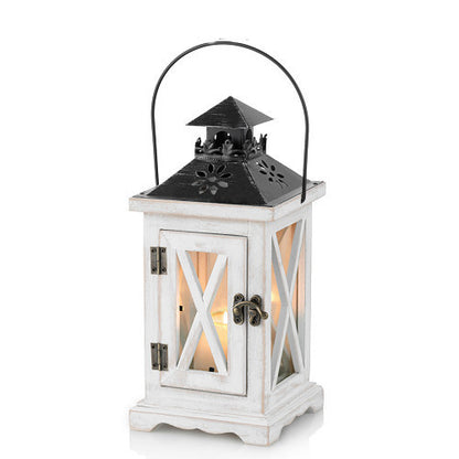 Rustic Distressed Wood Glass-Paneled Decorative Candle Lantern with Metal Top and Carry Handle Acalora