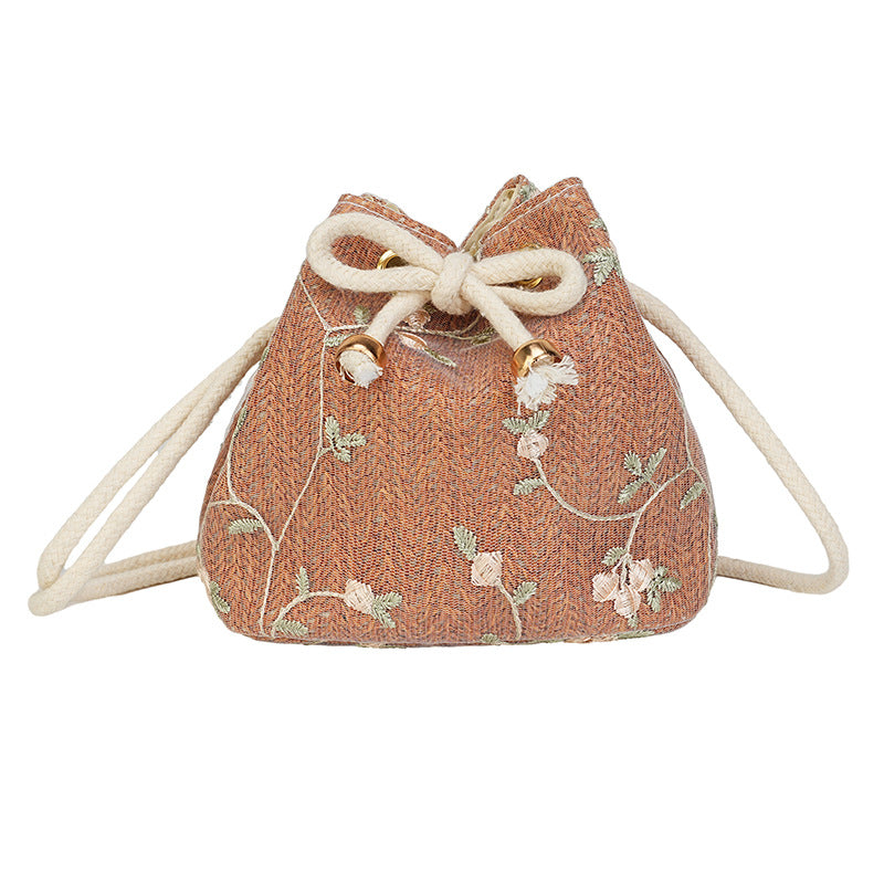 Embroidered Drawstring Bucket Bag Acalora