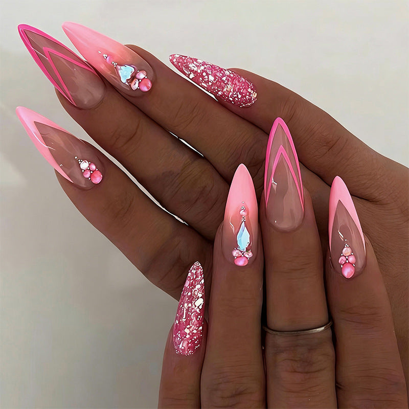 Artificial nail set with glamorous glitter and romantic flower decorations Acalora