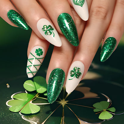 Glamorous Stiletto Press-On Nail Art with Glitter and Shamrock Design Acalora