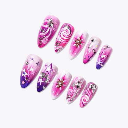 Artistic Press-On Nail Set with Star and Whimsical Patterns Acalora