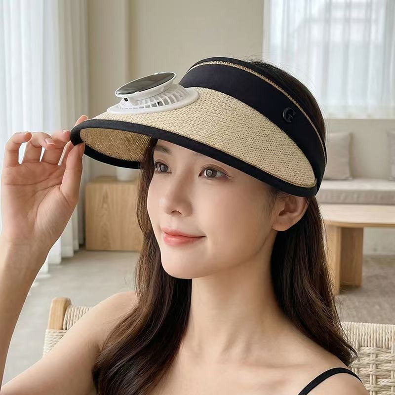 Foldable straw hat visor with integrated solar fan, adjustable neck strap, and breathable sweatband Bowlift