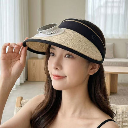 Foldable straw hat visor with integrated solar fan, adjustable neck strap, and breathable sweatband Bowlift