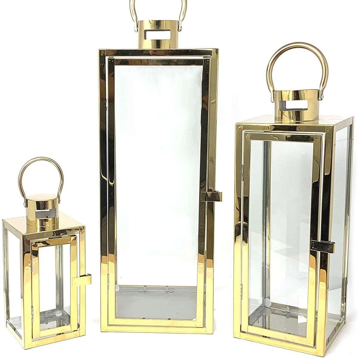 Stainless-Steel Glass Panel Rectangular Lanterns with Ring Handles and Hinged Door Acalora
