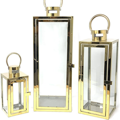 Stainless-Steel Glass Panel Rectangular Lanterns with Ring Handles and Hinged Door Acalora