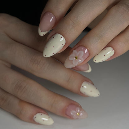 Elegant Press-On Nail Set with Floral and Polka Dot Designs Acalora