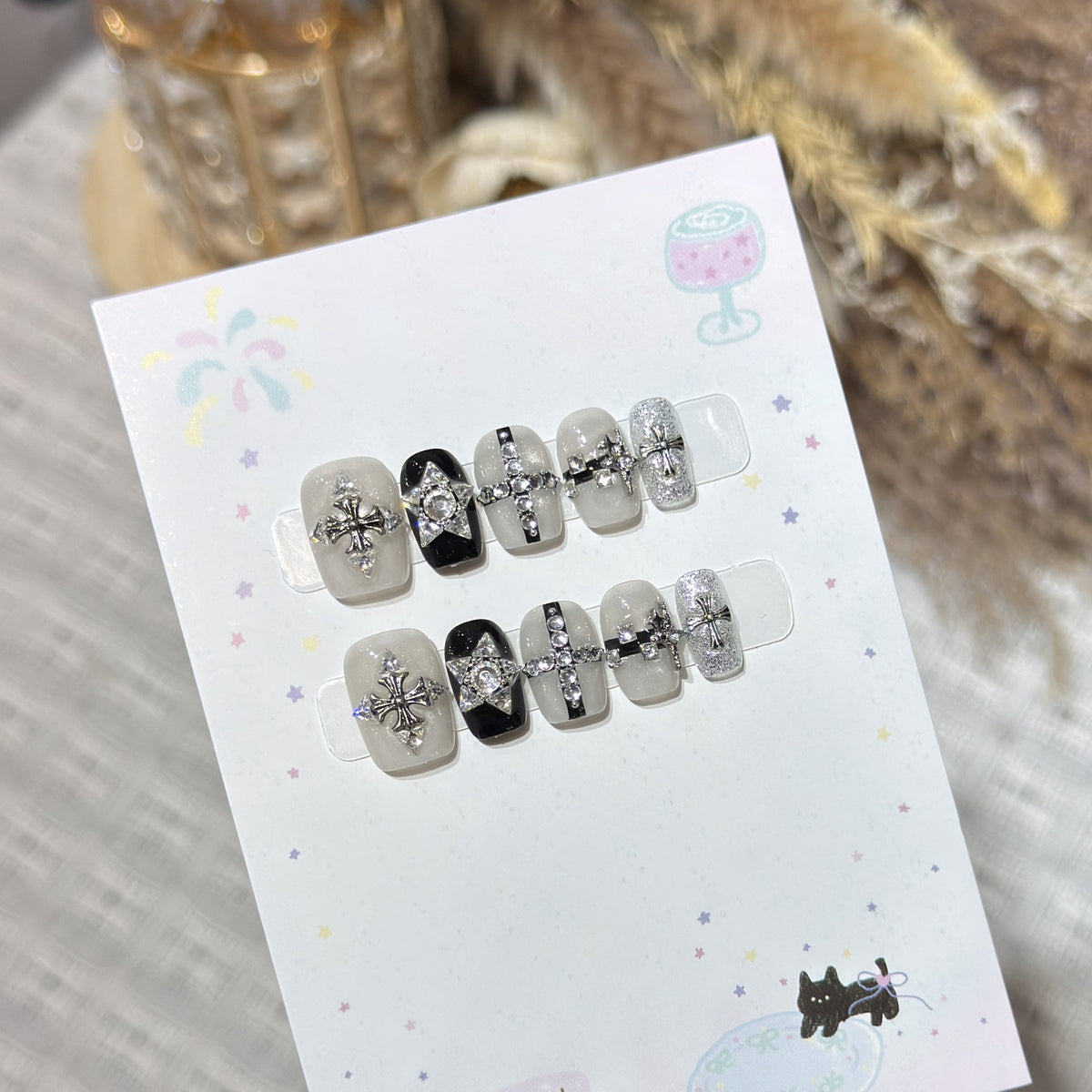 Artistic Press-On Nail Art Set with Gemstone Accents Acalora