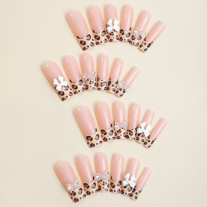 Decorative Press-On Nail Set with Chic Animal Print and Gem Accents Acalora