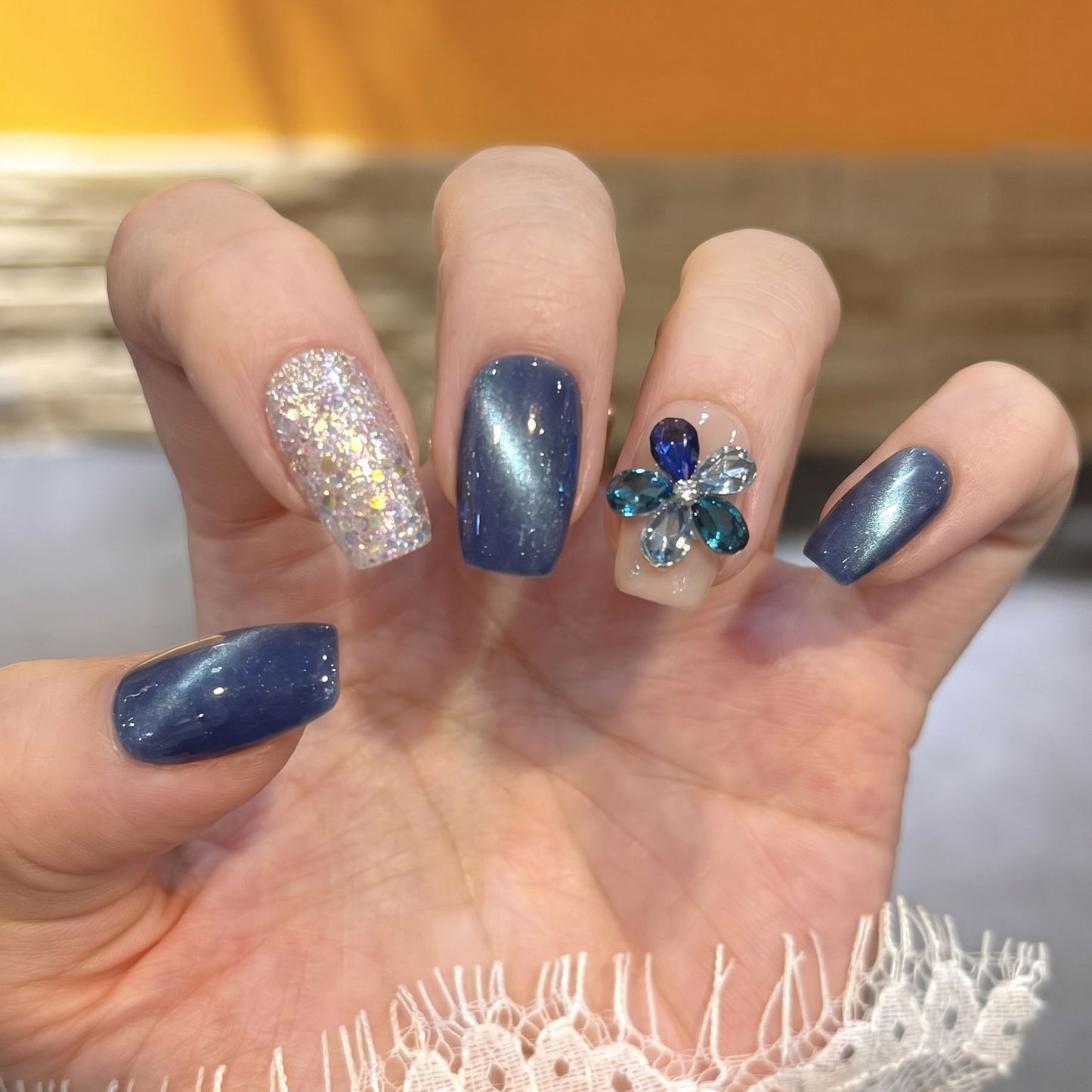Elegant Floral Press-On Nail Set with Gemstone Accents Acalora