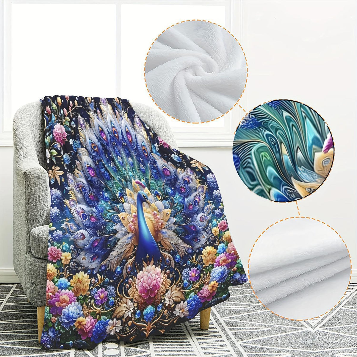 Artistic Peacock Print Fleece Throw Blanket