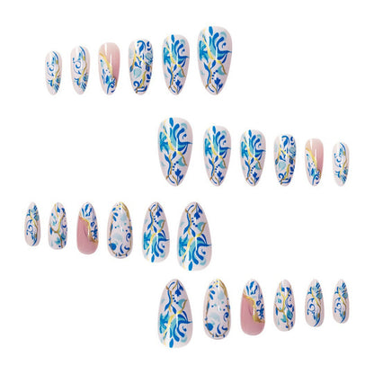 Artistic Floral Press-On Nail Design with Gold Accents Acalora