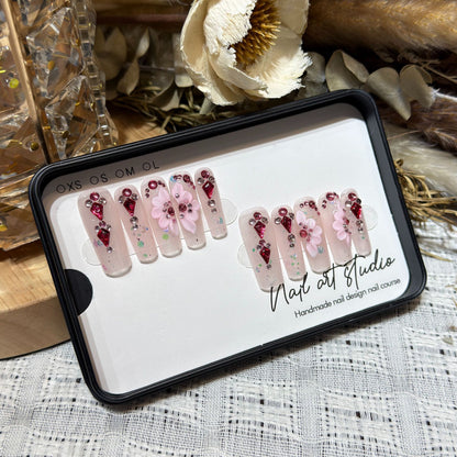 Floral-Themed Press-On Nail Set with Gemstone Accents Acalora