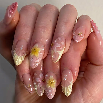 Artistic Floral Design Press-On Nails Set with Unique Embellishments Acalora