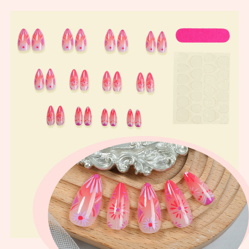 Artistic Press-On Nail Set with Floral and Geometric Patterns Acalora