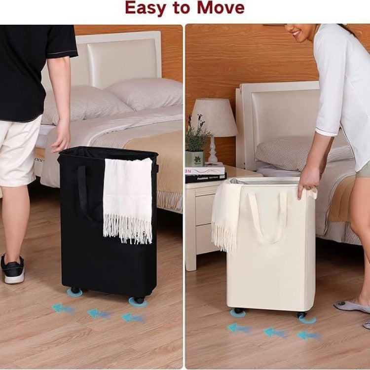 Foldable laundry basket with wheels and practical lid Acalora