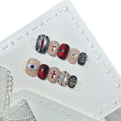 Artistic Press-On Nail Design Set with Unique Symbolic Accents Acalora