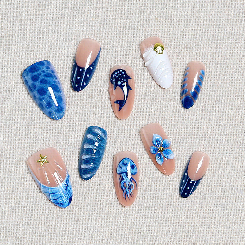 Artificial nails with maritime design and 3D flower accents Acalora