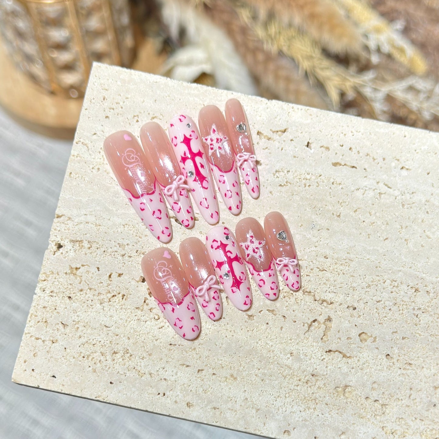 Artistic Stiletto Press-On Nail Set with Heart and Bow Design Acalora