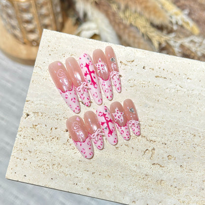 Artistic Stiletto Press-On Nail Set with Heart and Bow Design Acalora