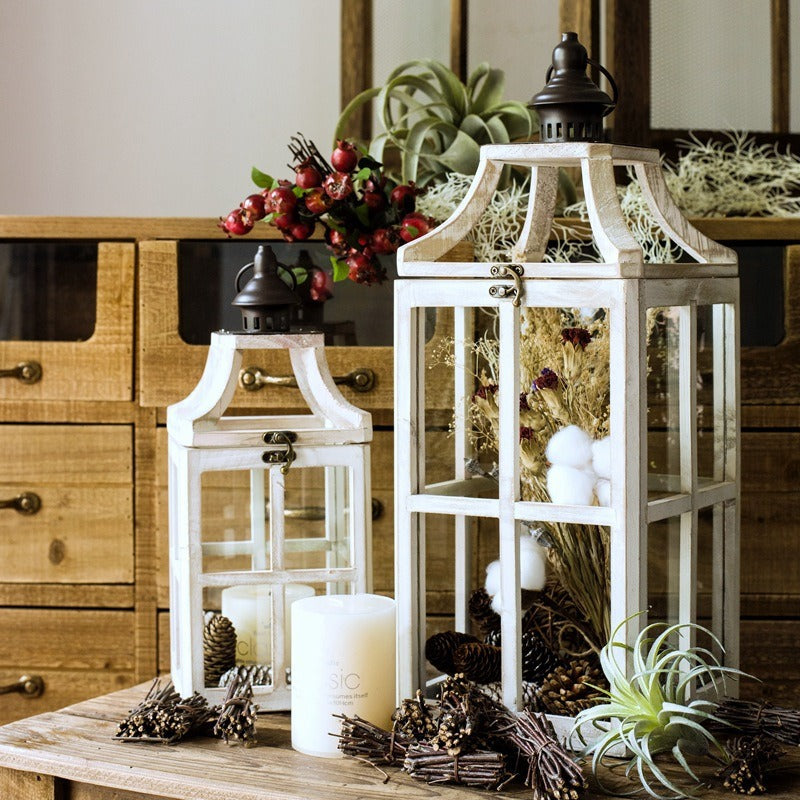 Rustic Windowpane Glass and Wood Candle Lantern with Hinged Door Acalora
