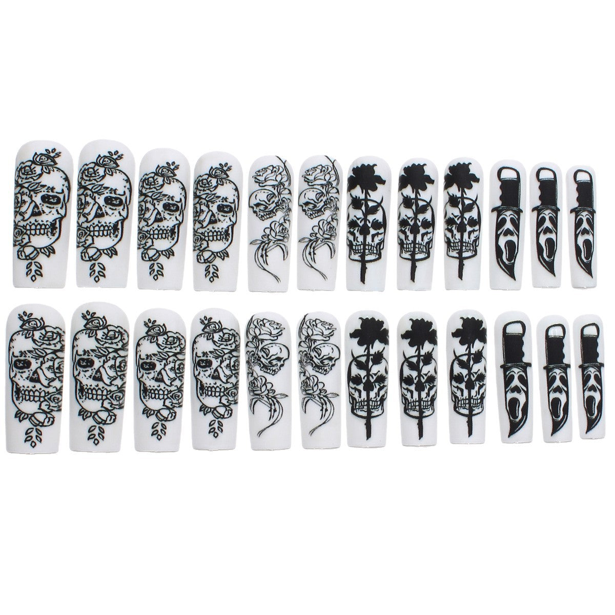 Nail set with spooky skull design and floral motifs Acalora