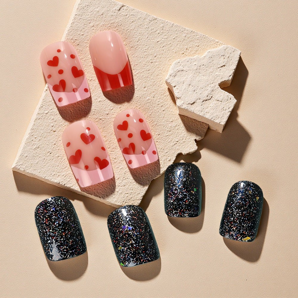 Creative artificial nails with heart design and glitter effects Acalora
