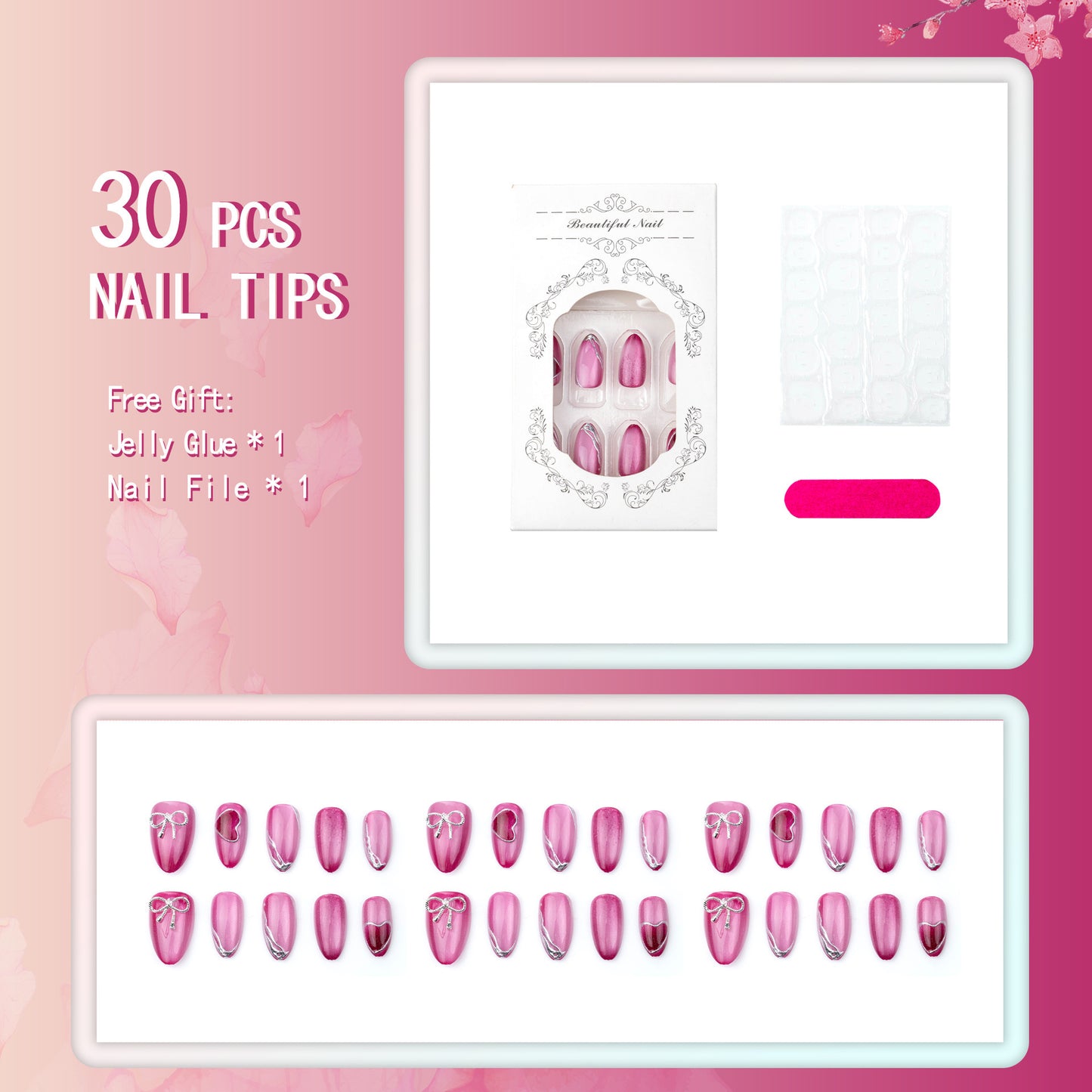 Acrylic nail set with elegant heart and bow decorations Acalora