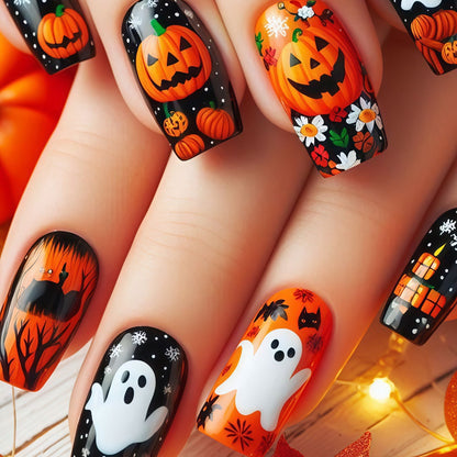 Creative Halloween Art Nails with Ghost and Pumpkin Design Acalora