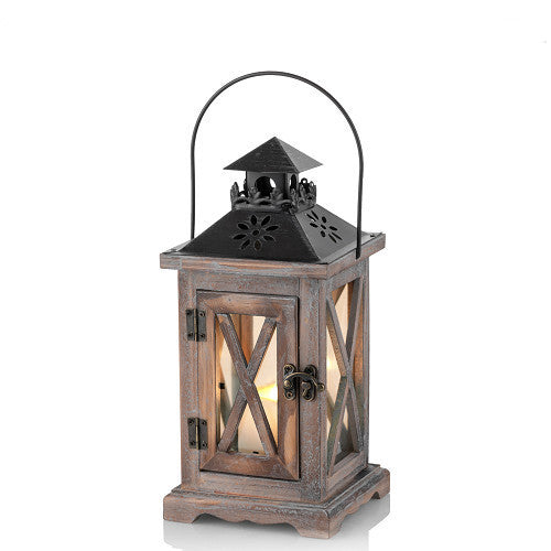Rustic Distressed Wood Glass-Paneled Decorative Candle Lantern with Metal Top and Carry Handle Acalora