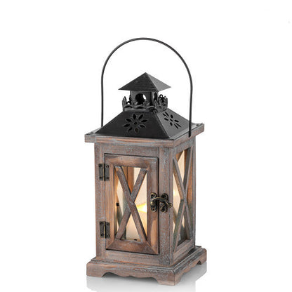 Rustic Distressed Wood Glass-Paneled Decorative Candle Lantern with Metal Top and Carry Handle Acalora