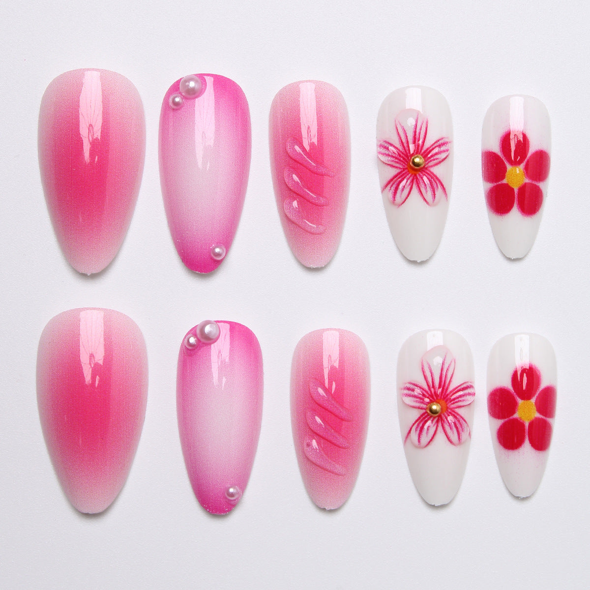 Artificial nail set with delicate flower designs and shimmering accents Acalora