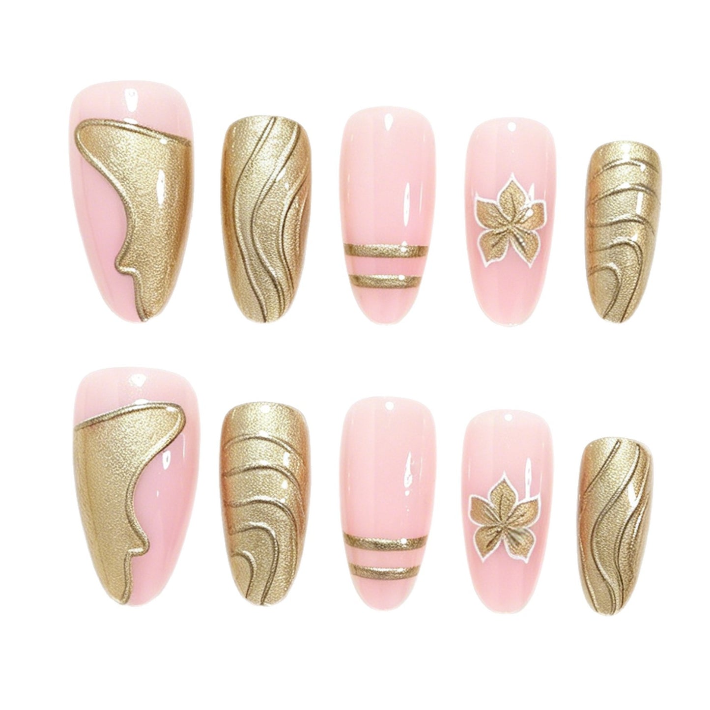Elegant Metallic Floral Accent Press-On Nails Acalora