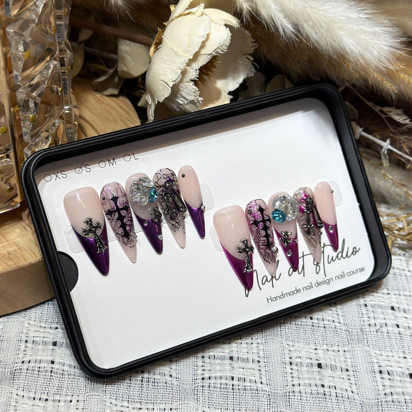 Artistic Stiletto Press-On Nail Set with Unique Floral and Gemstone Accents Acalora