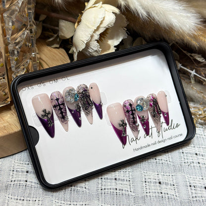 Artistic Stiletto Press-On Nail Set with Unique Floral and Gemstone Accents Acalora