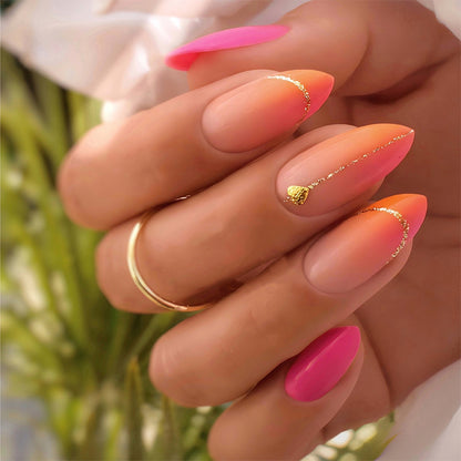 Press-On Nail Set with Vibrant Gradient Design and Golden Accents Acalora