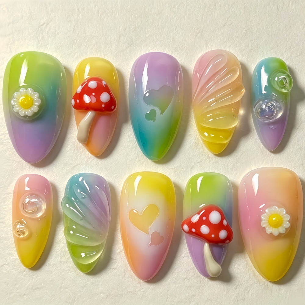 Artificial nails with cheerful flower and mushroom patterns Acalora